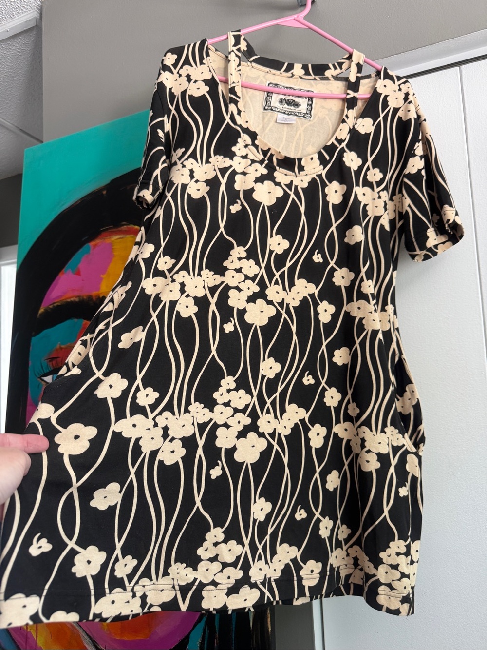 Effies Heart Retro Pattern Fit Flare Mini Dress Knit Stretchy Pockets NWOT Large